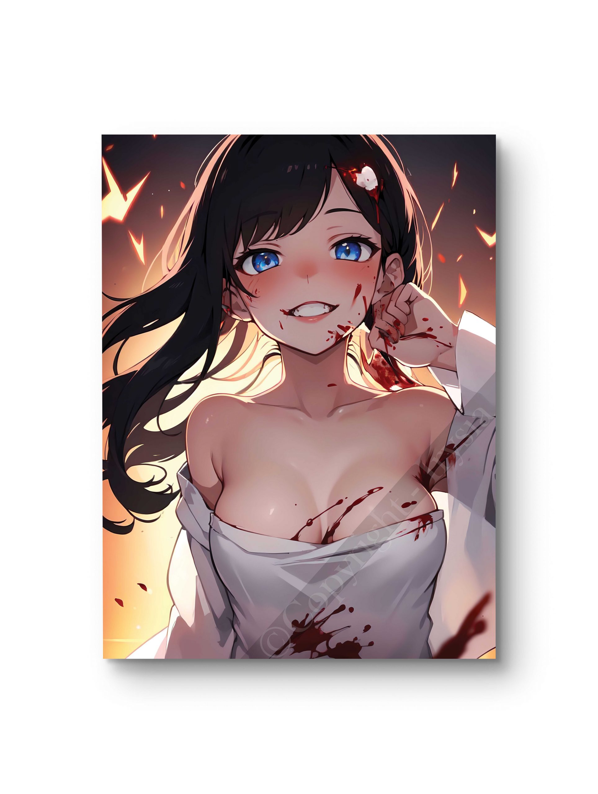 Tableau en style anime représentant une femme au sourire troublant, marquée par des traces de sang.