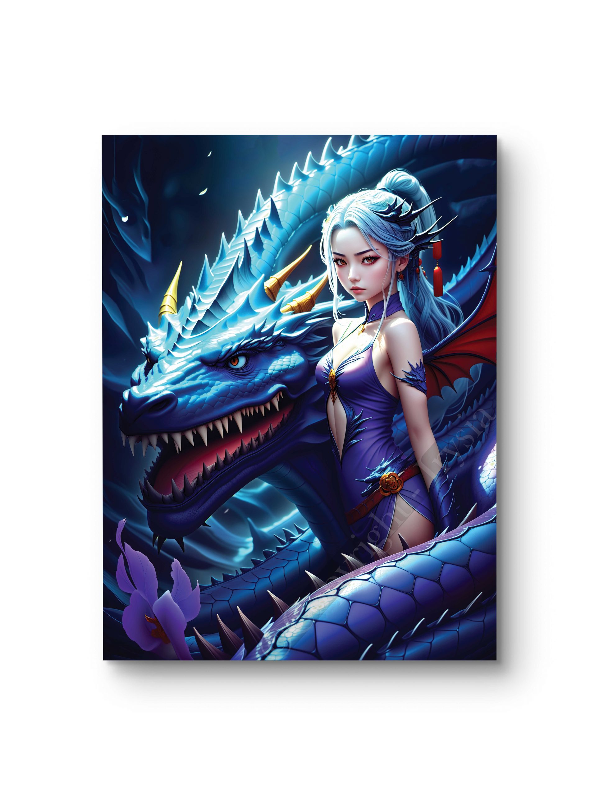 Tableau représentant une femme aux côtés d’un dragon dans un décor magique