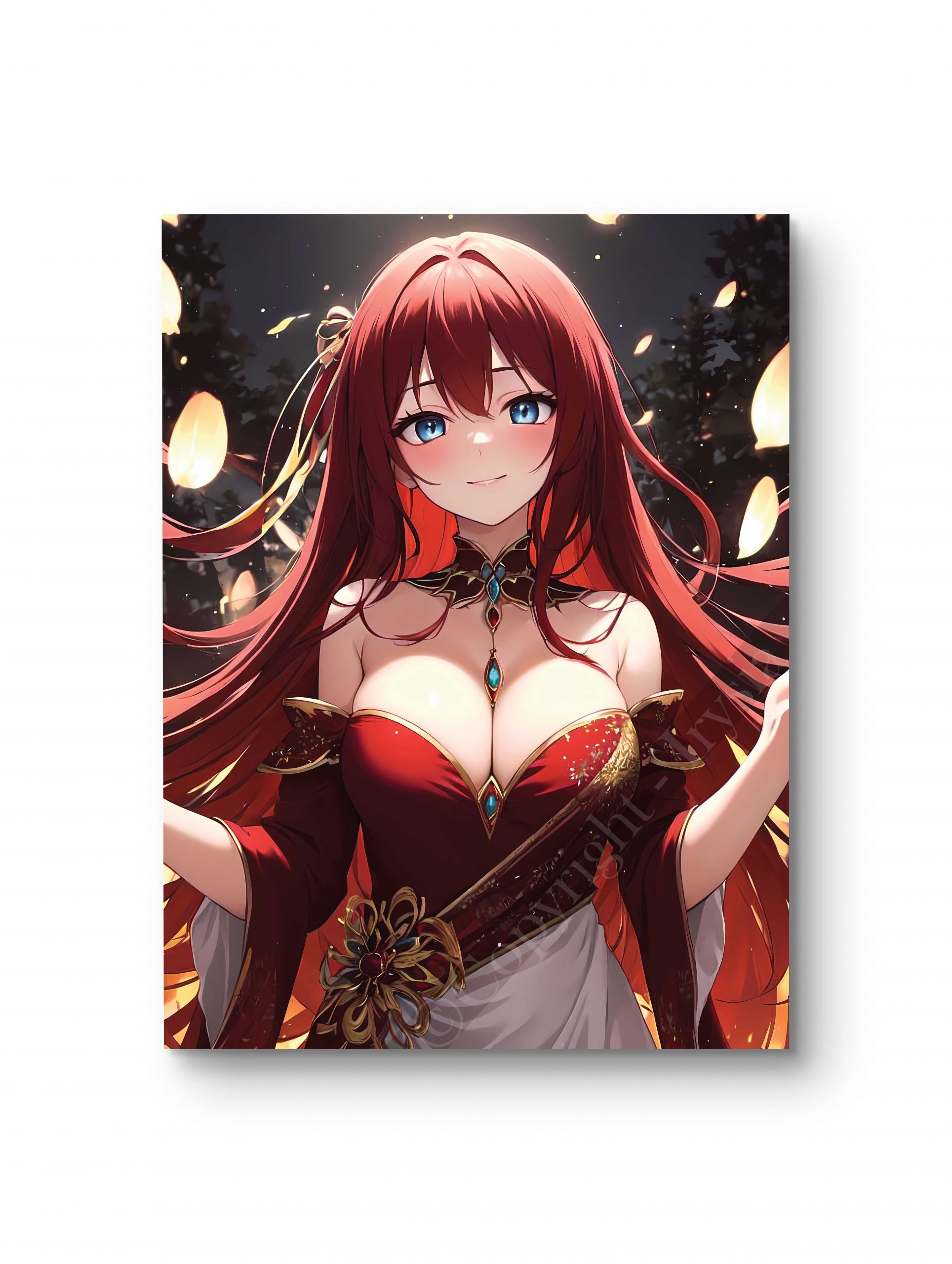 Tableau représentant une femme élégante en tenue fantasy, illuminée par des lumières dorées dans un décor féérique.