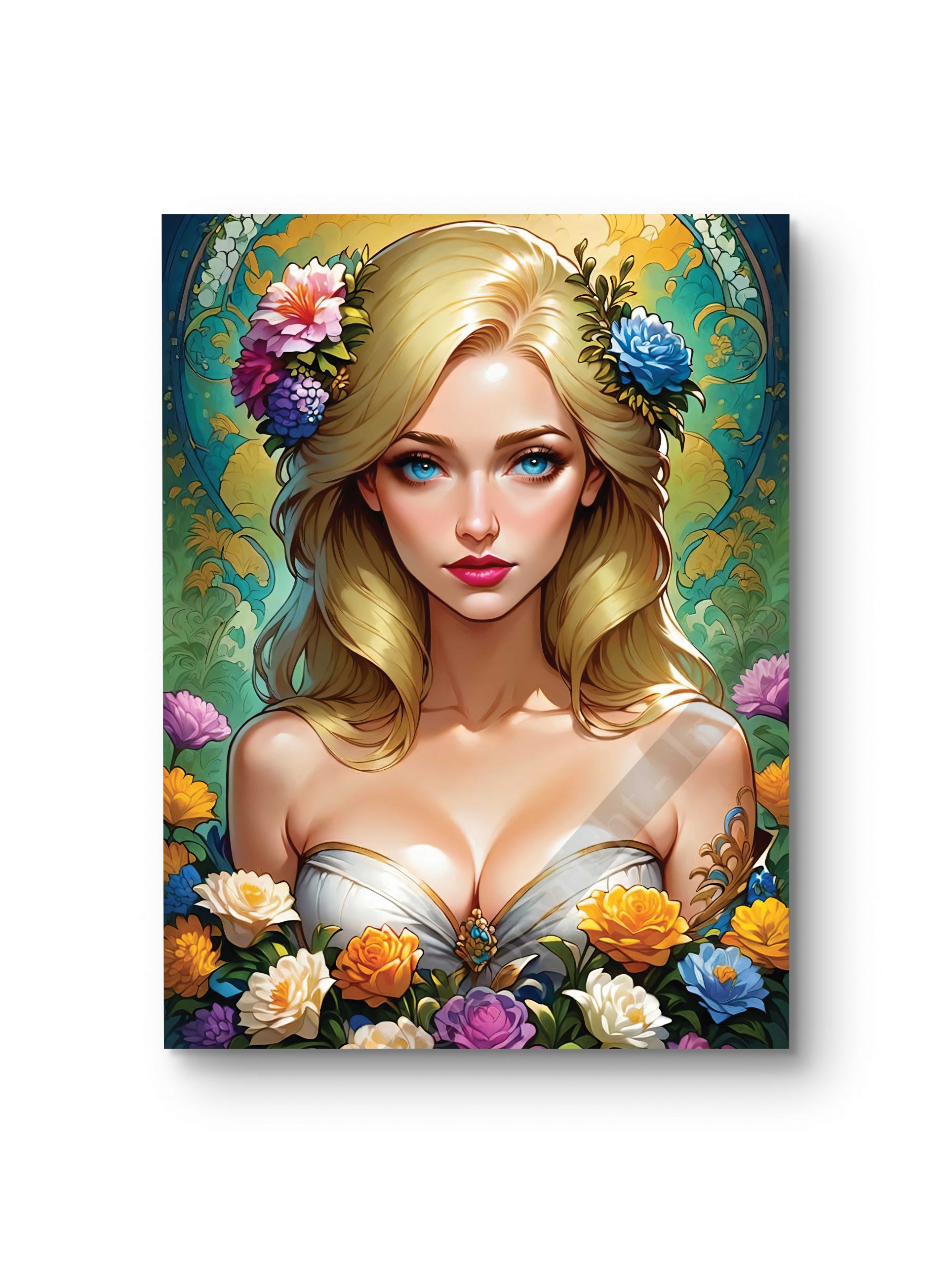 Tableau représentant une femme illuminée entourée de fleurs éclatantes