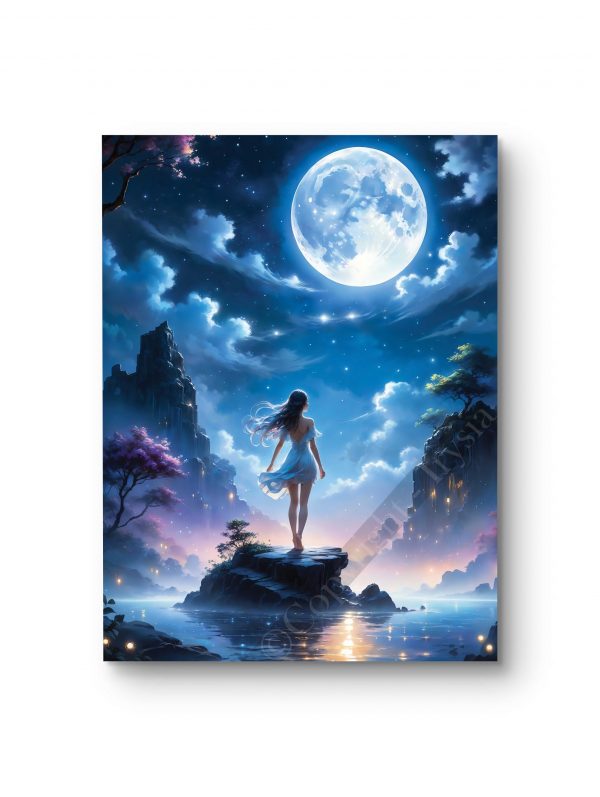 Tableau représentant une femme sous une lune éclatante dans un paysage mystique