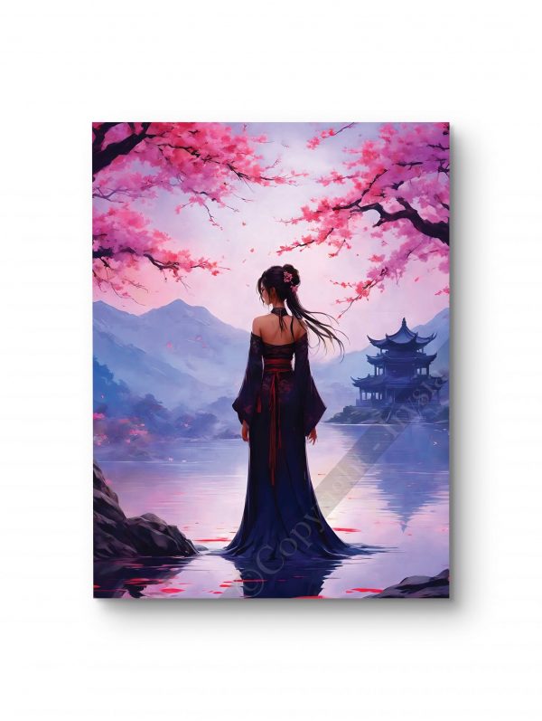 Tableau représentant une femme élégante devant un lac, entourée de cerisiers en fleurs