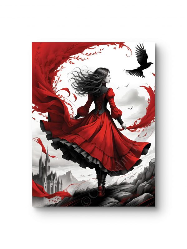 Tableau illustrant une femme en robe rouge se tenant face au vent dans un paysage poétique.