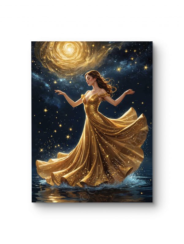 Tableau représentant une femme dansant sous une galaxie scintillante