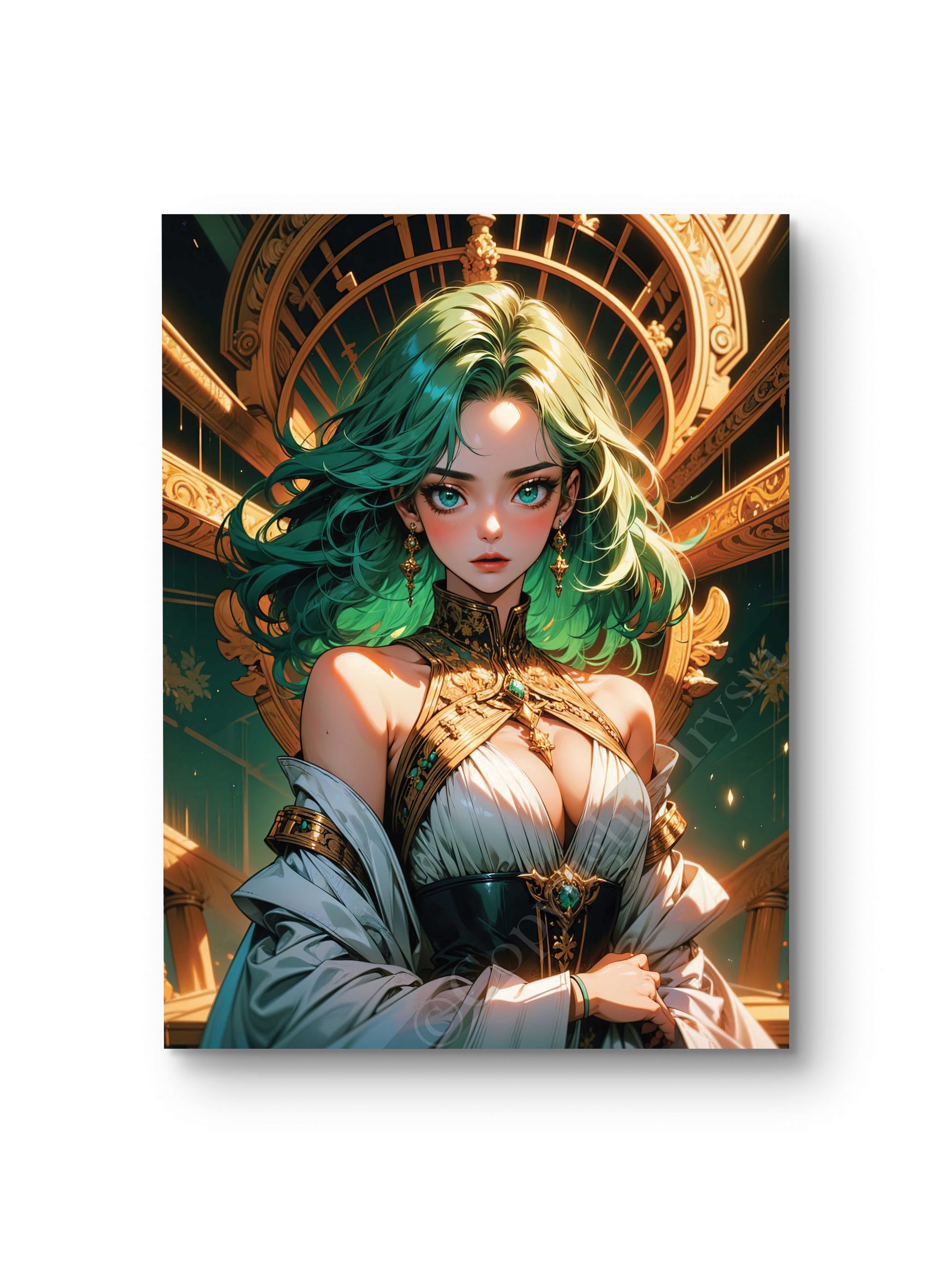 Tableau représentant une femme majestueuse aux cheveux verts dans un cadre doré