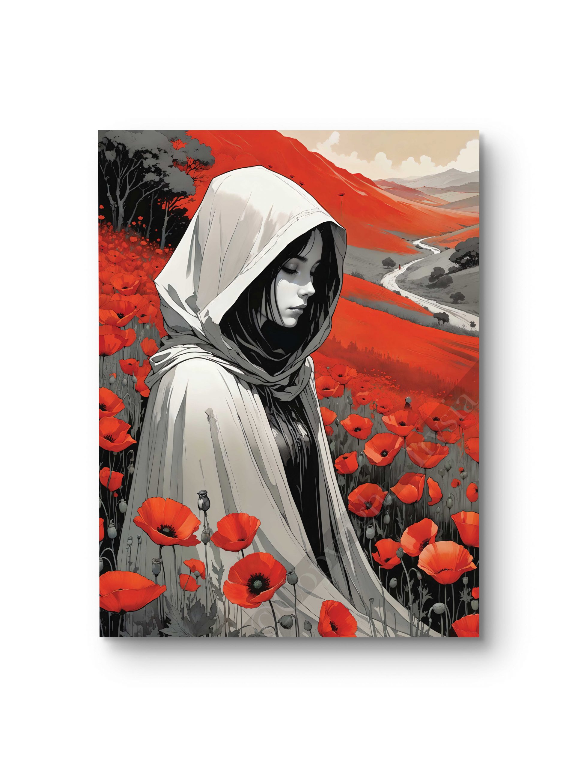 Tableau représentant une femme mystérieuse dans un paysage monochrome rehaussé de coquelicots.