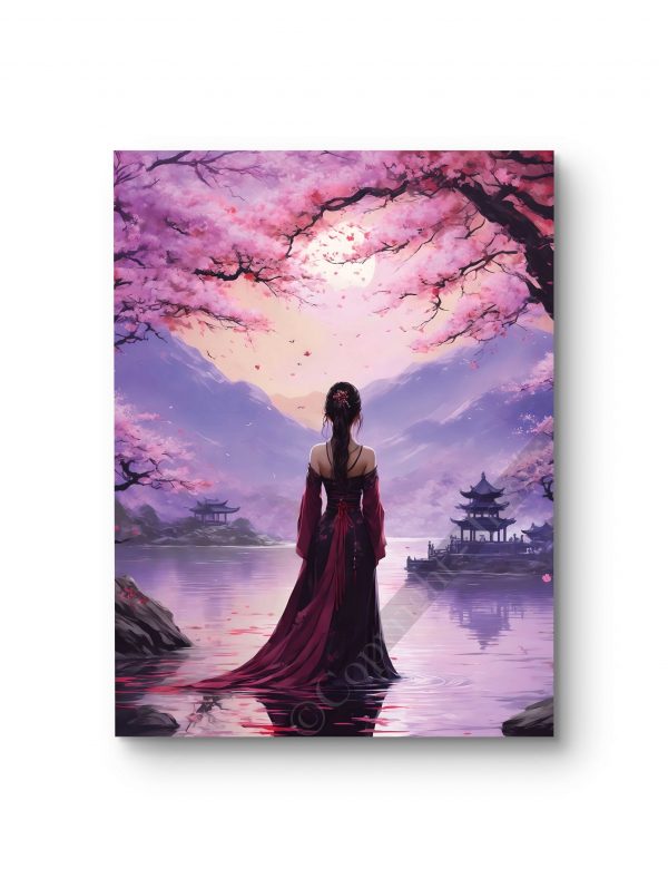 Tableau représentant une femme contemplant un temple japonais sous les cerisiers