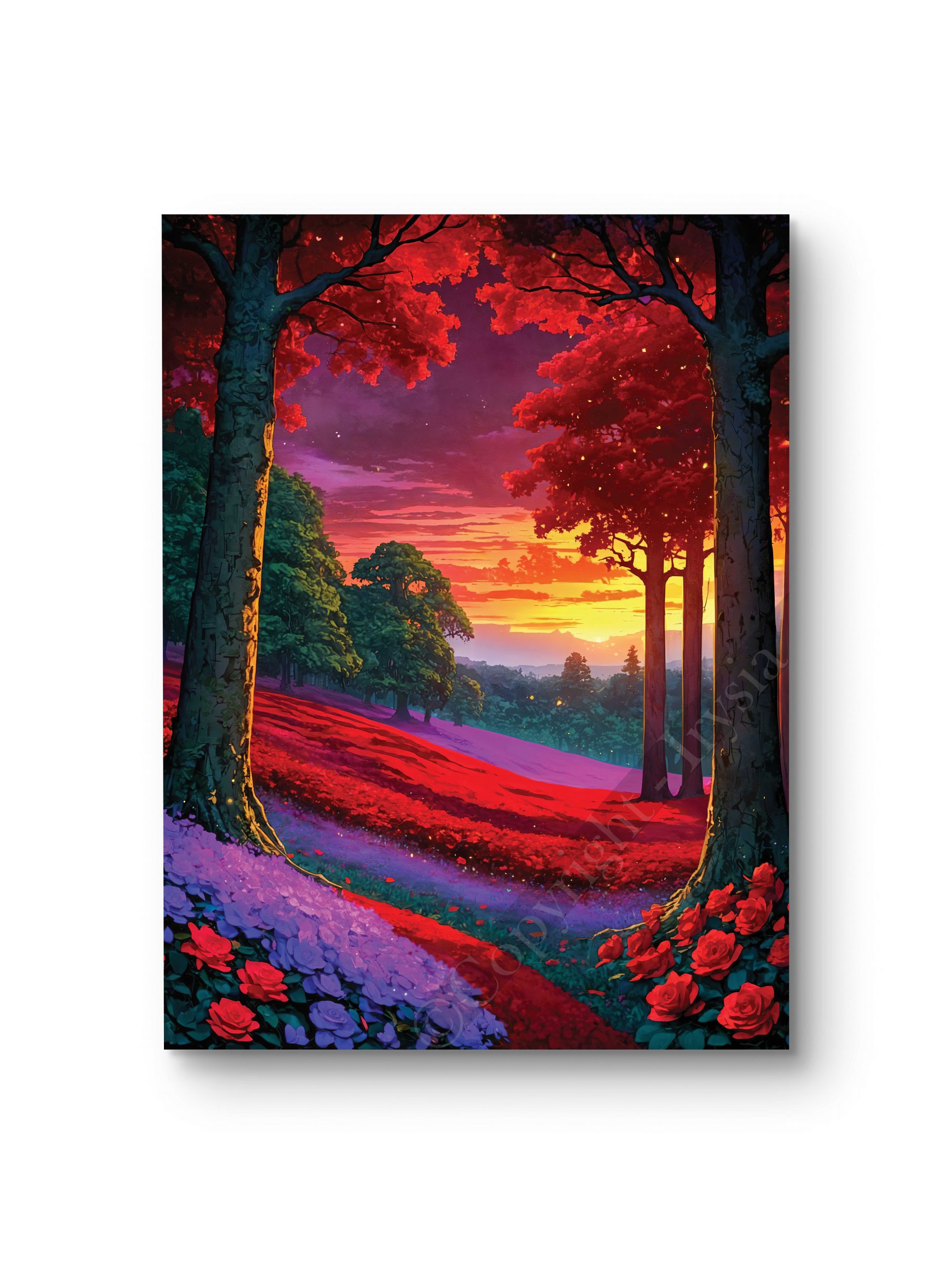 Tableau représentant une forêt rougeoyante baignée de lumière dorée