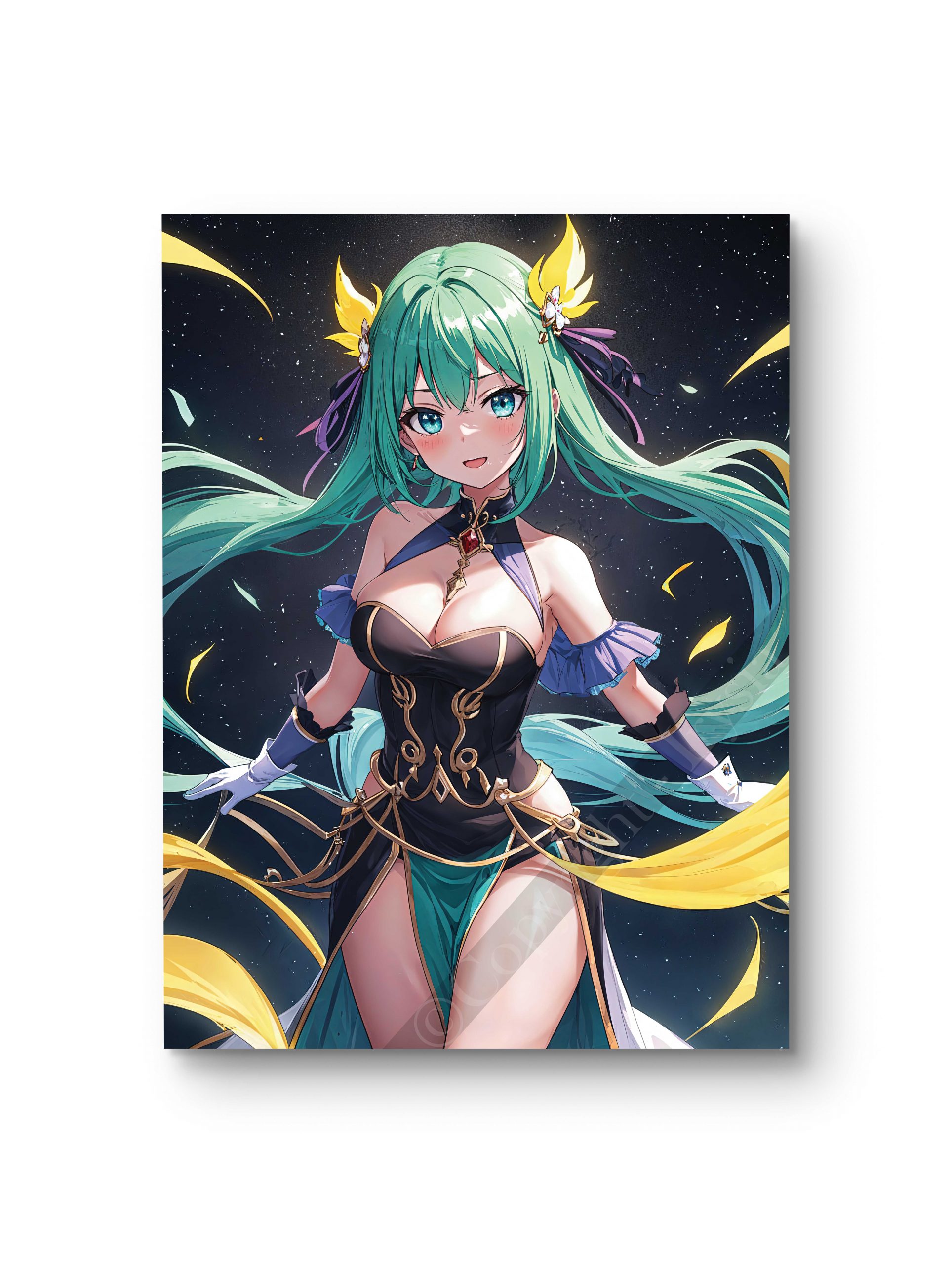 Tableau en style anime illustrant une guerrière aux cheveux verts baignée dans une lumière magique.