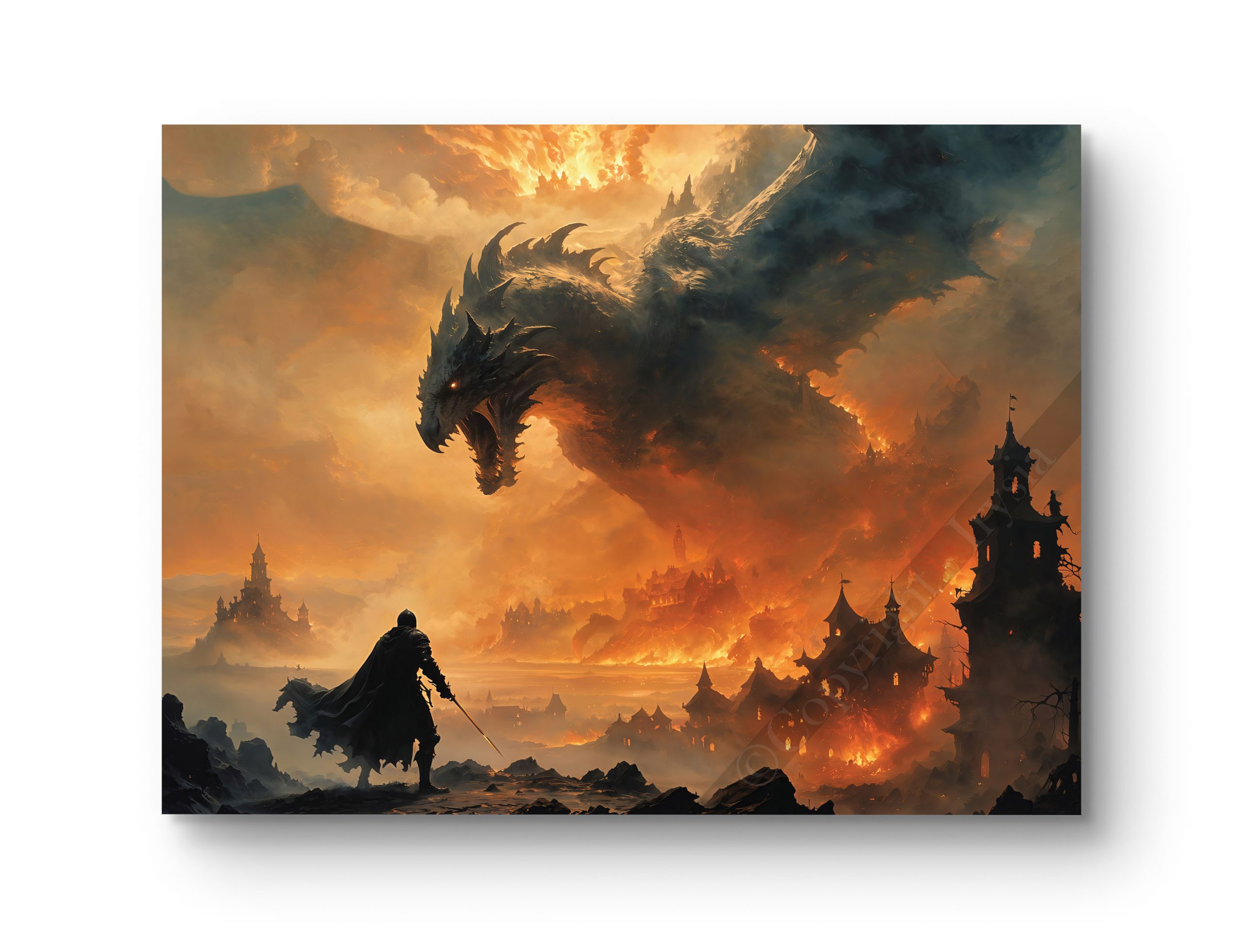 Tableau représentant un guerrier face à un dragon sous un ciel enflammé, dans un décor épique.