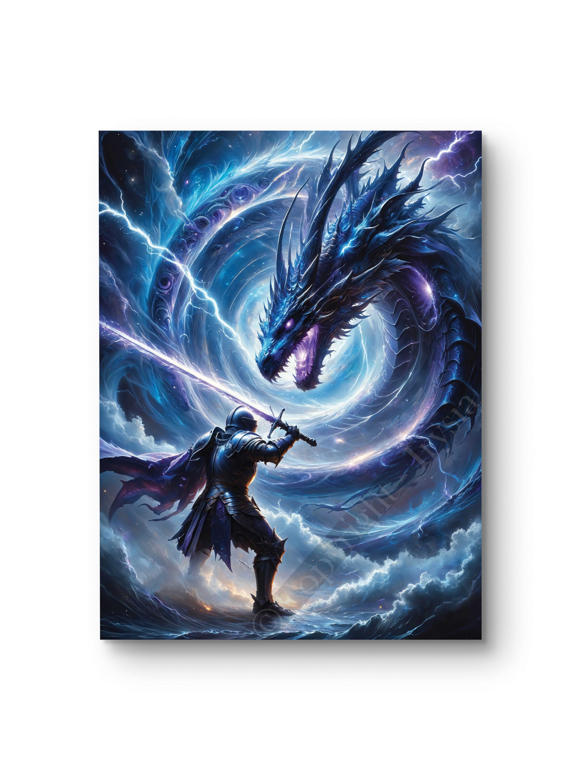 Tableau représentant un guerrier défiant un dragon dans une bataille épique, idéal pour les amateurs de fantasy.