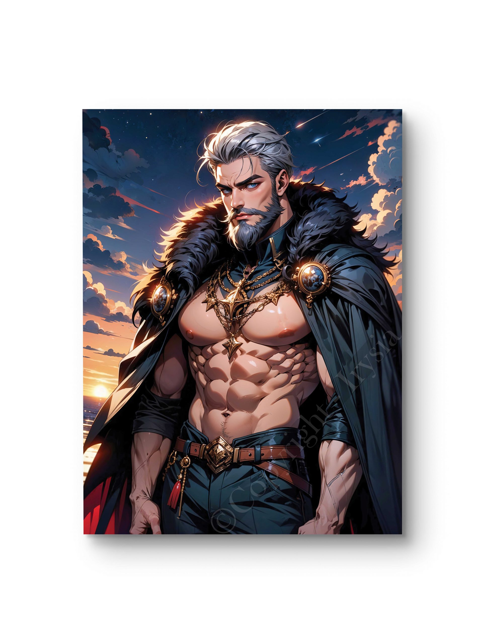 Tableau représentant un guerrier légendaire torse nu avec une cape, sous un ciel dramatique.