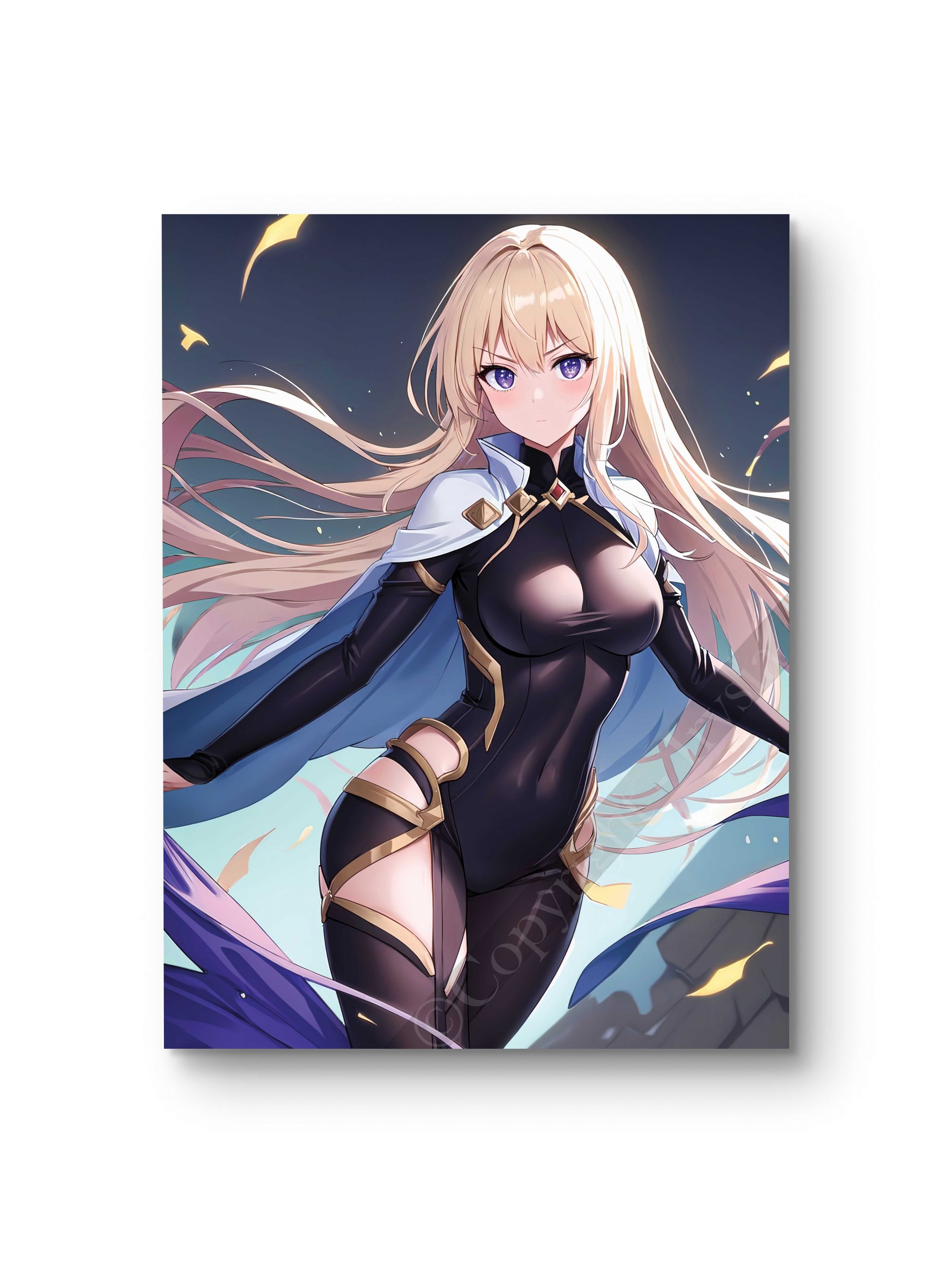 Tableau en style anime illustrant une guerrière intergalactique en armure sombre, prête à affronter l’espace.