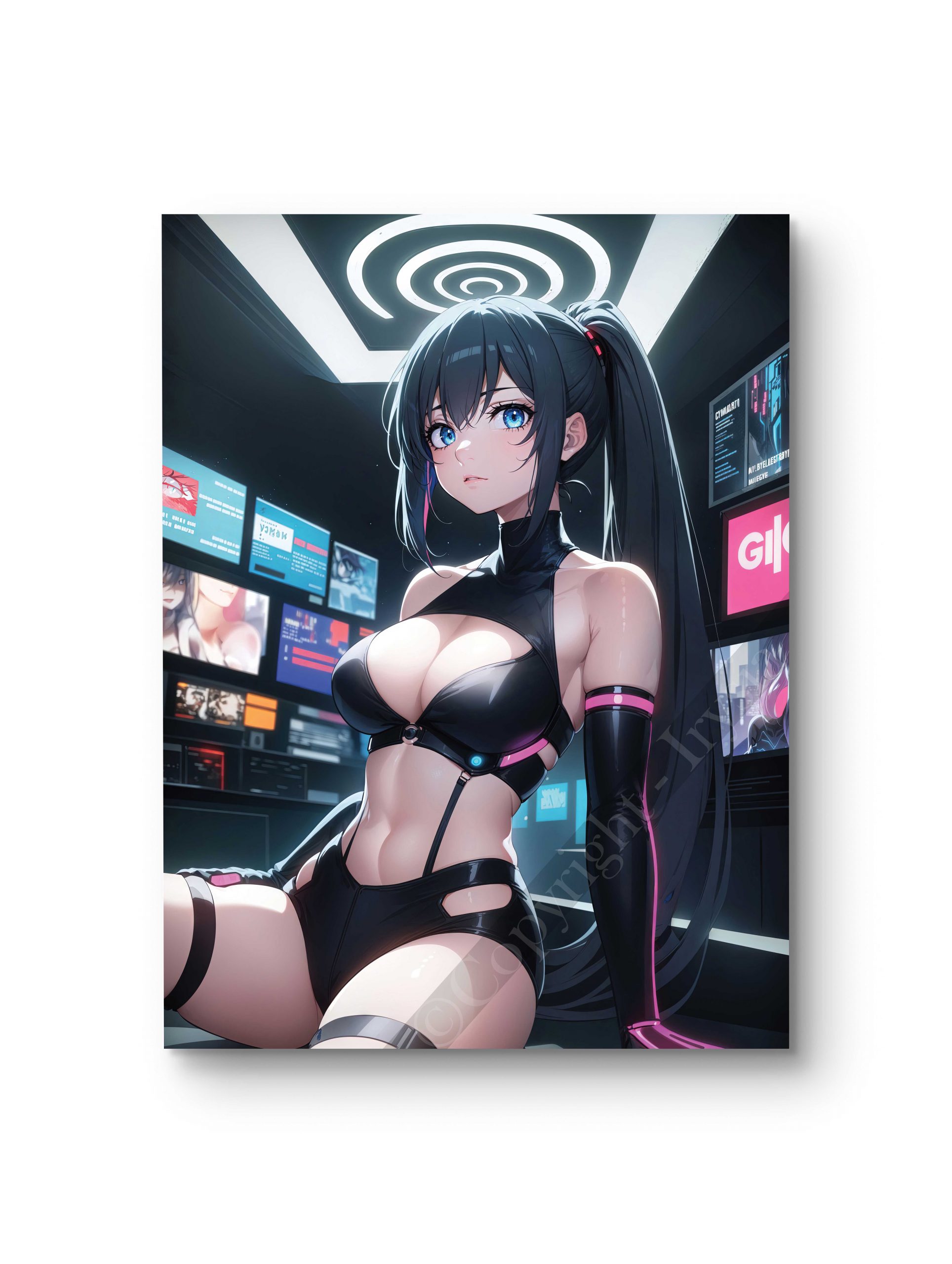 Tableau en style anime représentant une hackeuse futuriste entourée d’écrans lumineux.