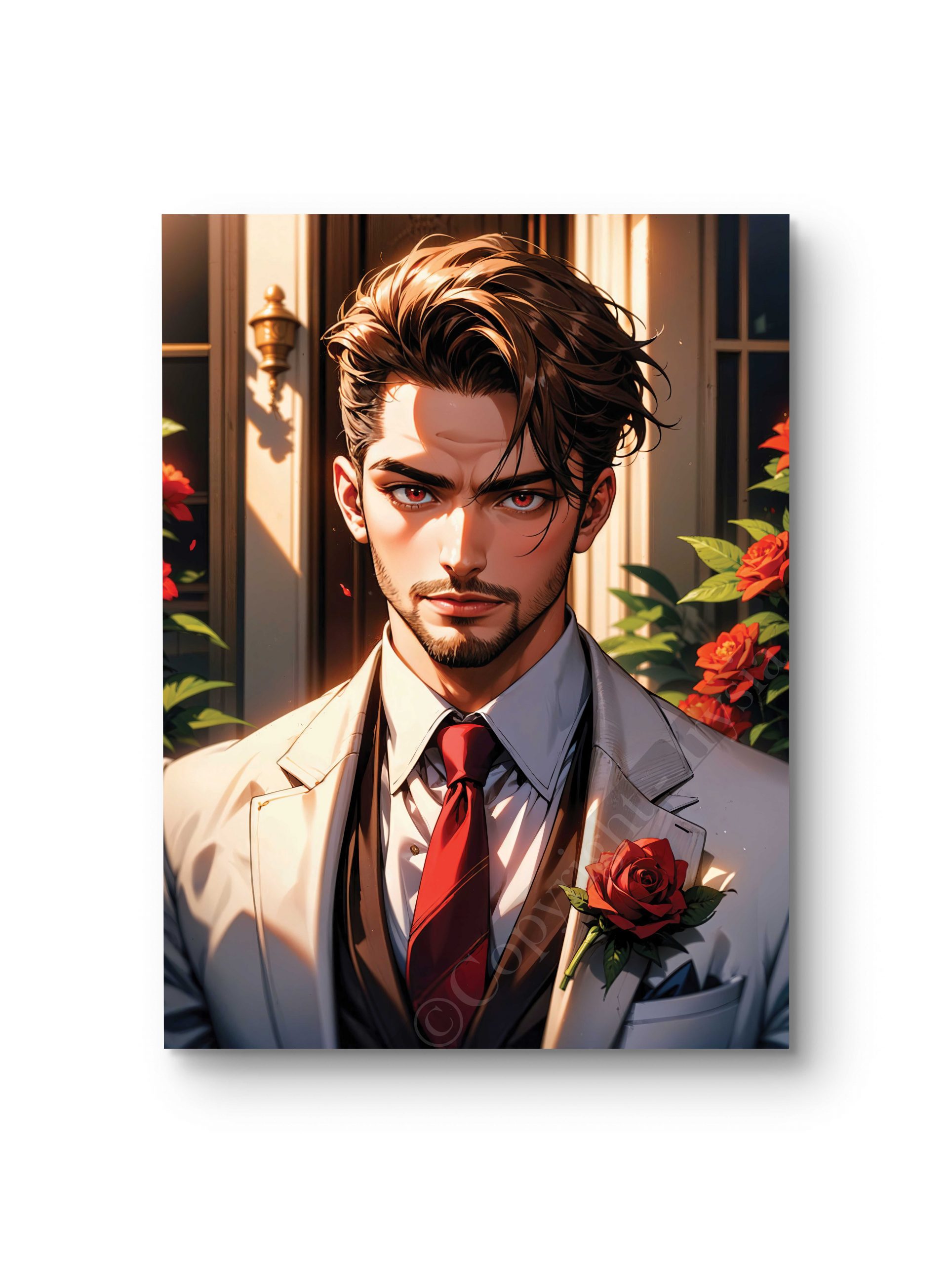 Tableau représentant un homme élégant en costume clair, avec une rose rouge, dans une ambiance sophistiquée.