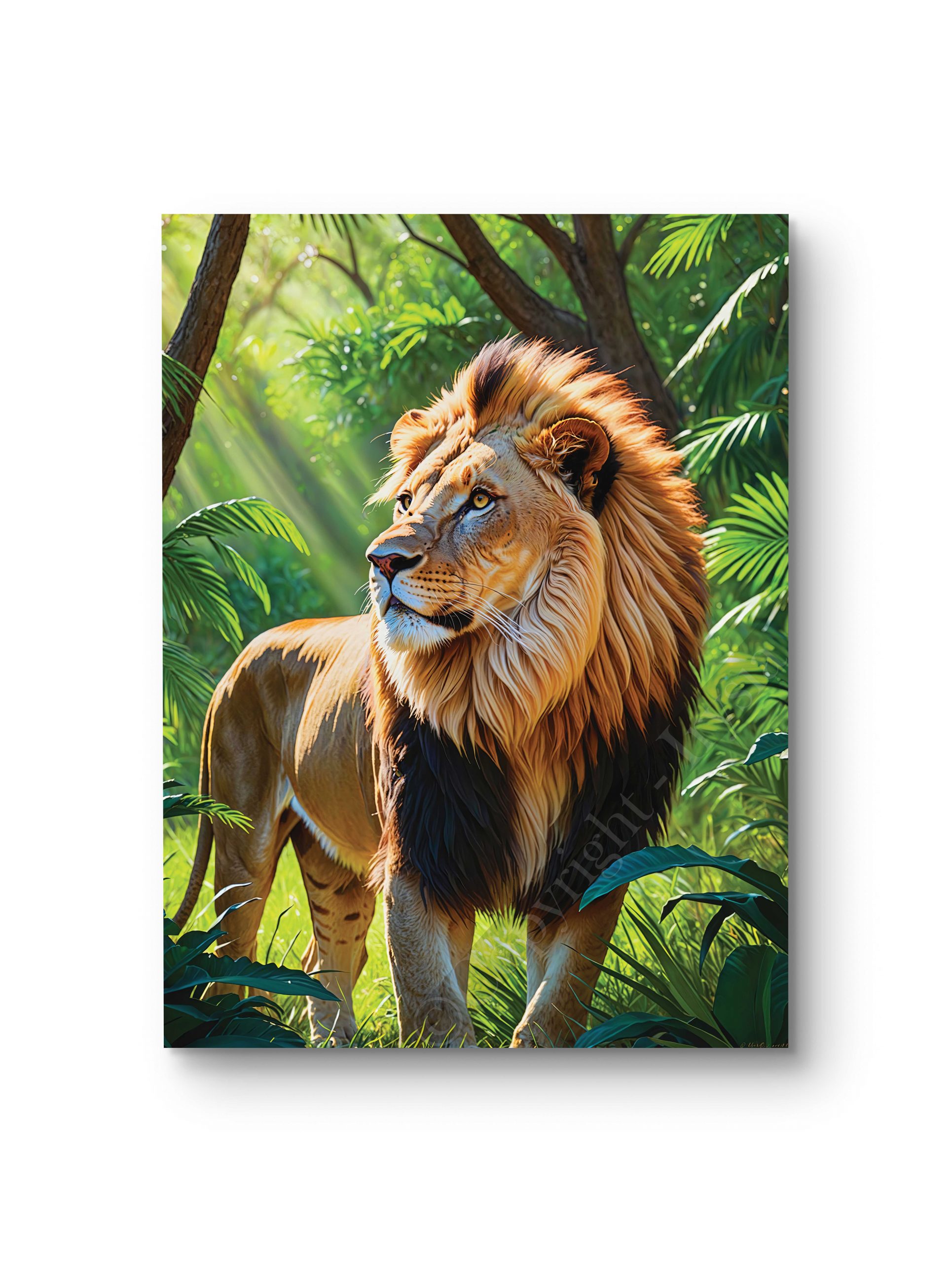 Tableau représentant un lion majestueux dans un décor naturel lumineux.