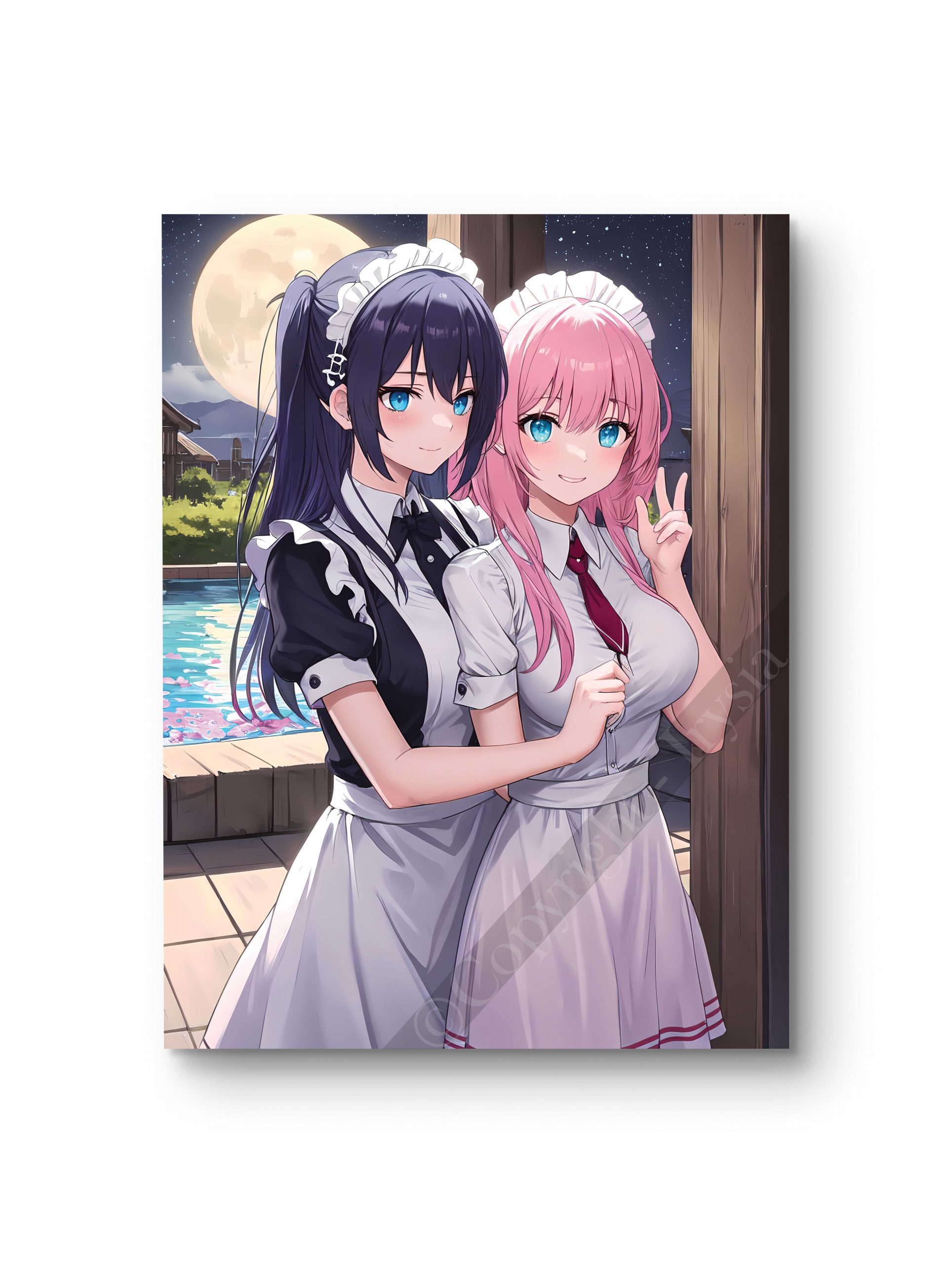 Tableau représentant deux jeunes femmes en tenue de maid dans un style anime, sous une lumière douce de nuit.