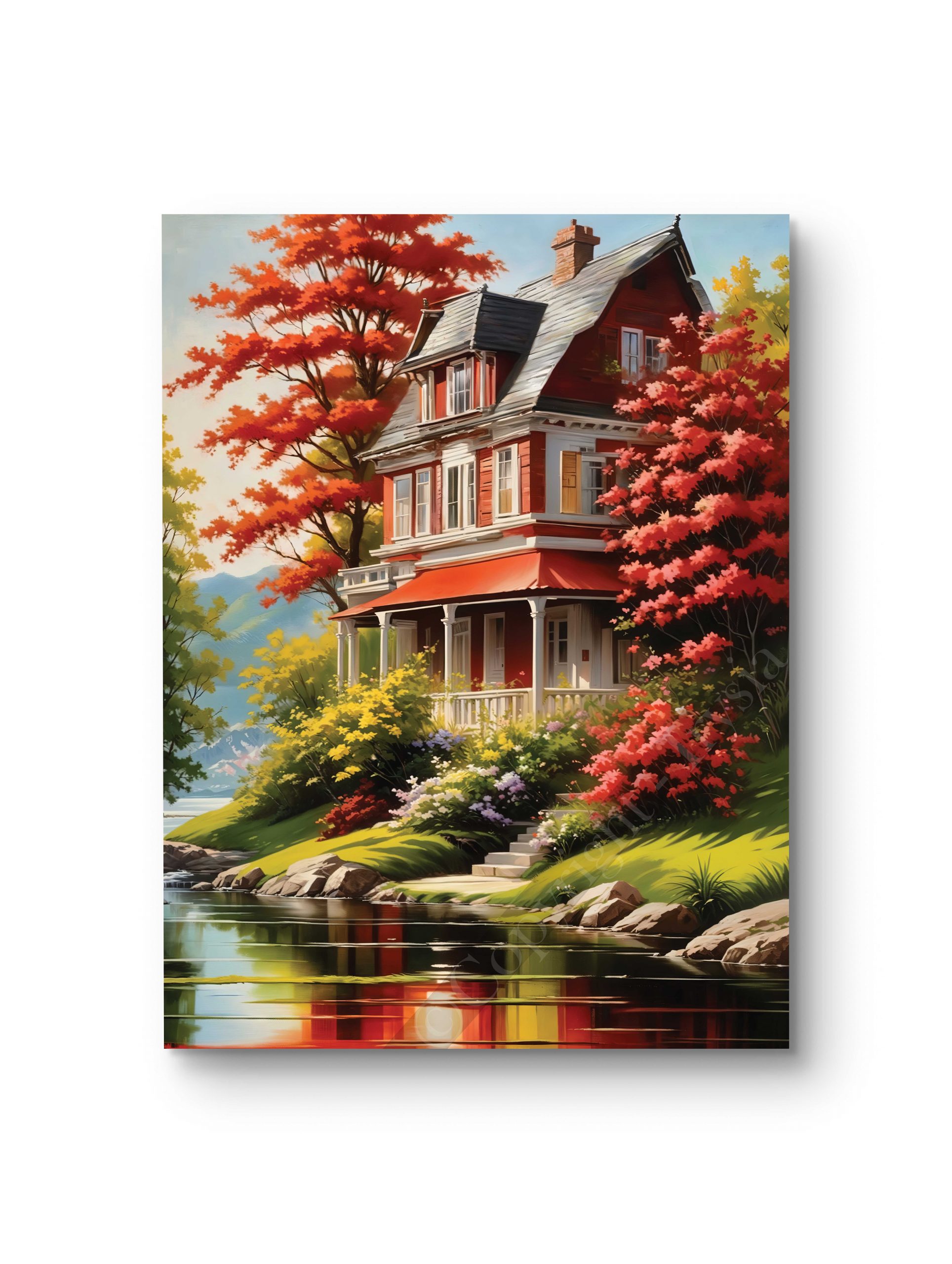 Tableau représentant une maison victorienne rouge au bord d’un lac, entourée d’arbres aux couleurs d’automne.