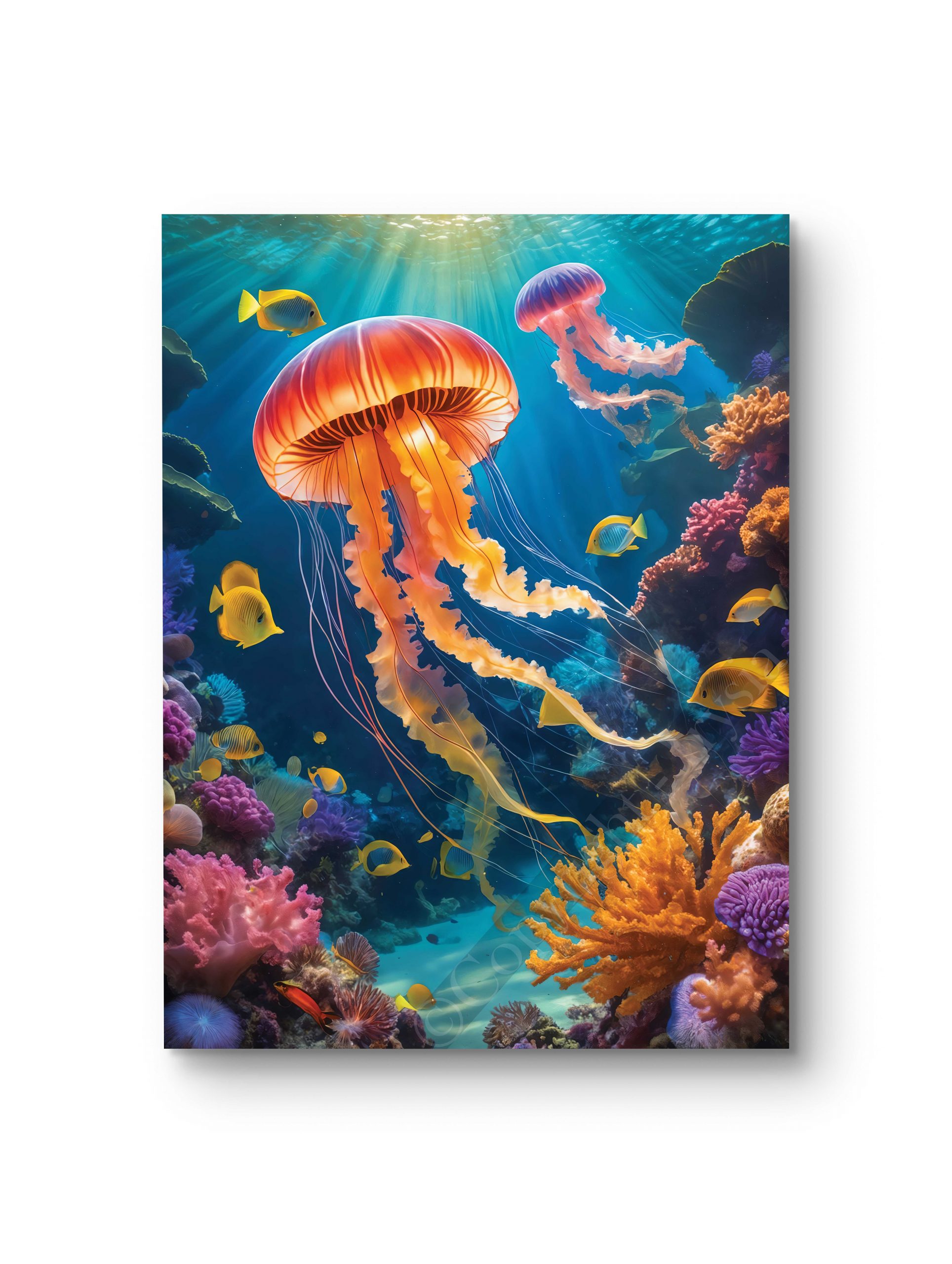 Tableau illustrant des méduses majestueuses flottant dans un océan lumineux et coloré.