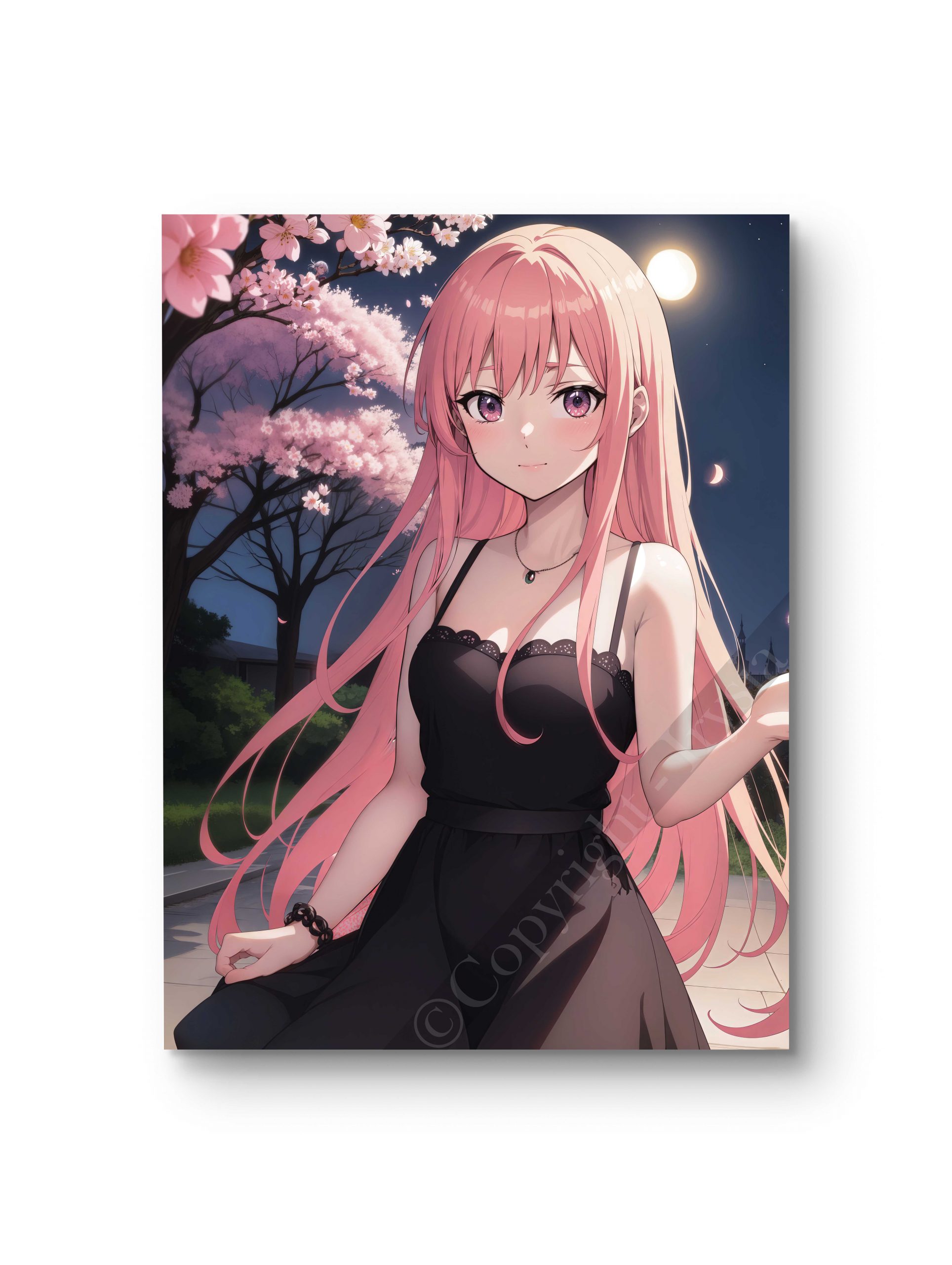 Tableau en style anime illustrant une femme en robe noire sous un ciel nocturne, empreinte de mystère.