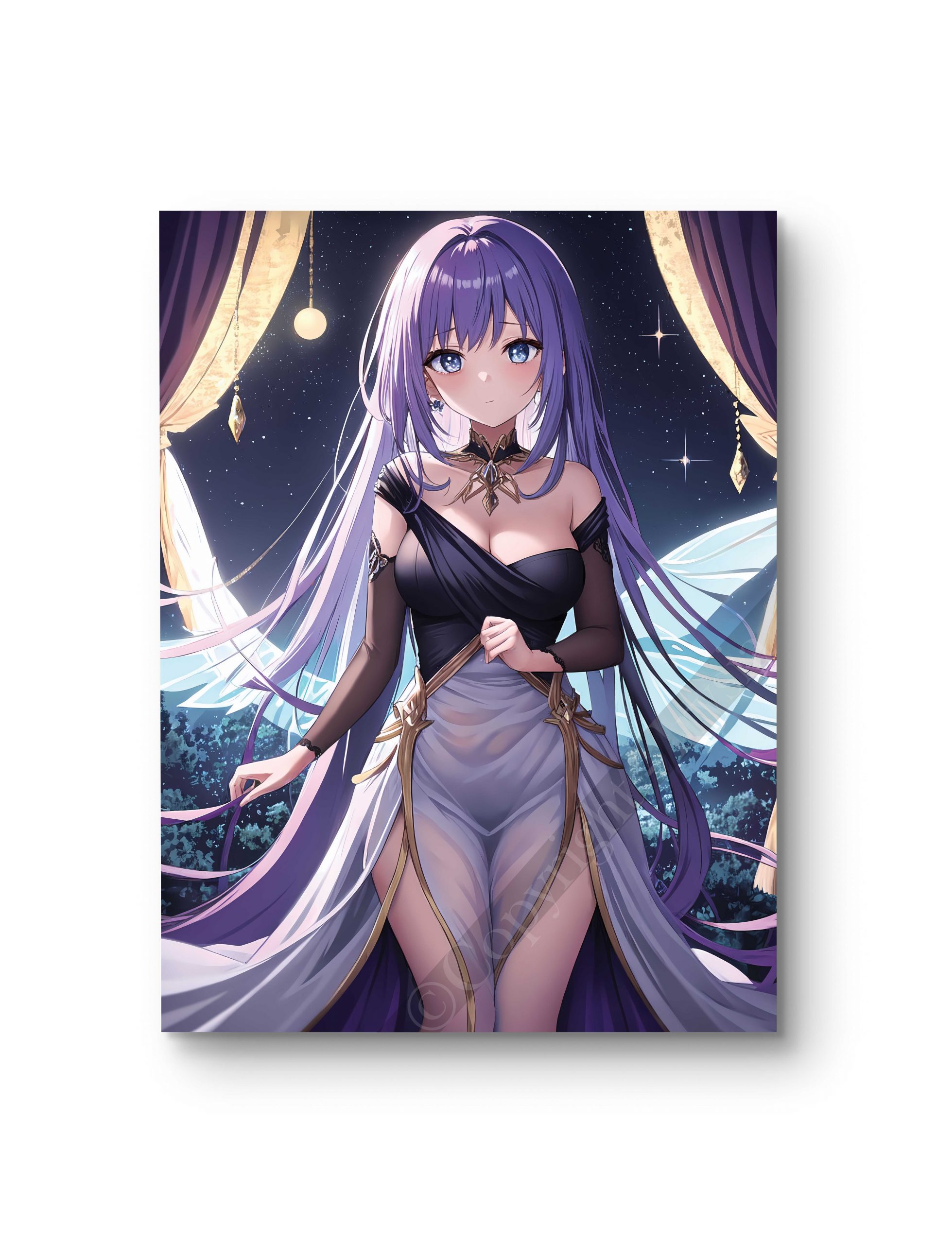 Tableau en style anime représentant une femme élégante sous un ciel étoilé, baignée de lumière.