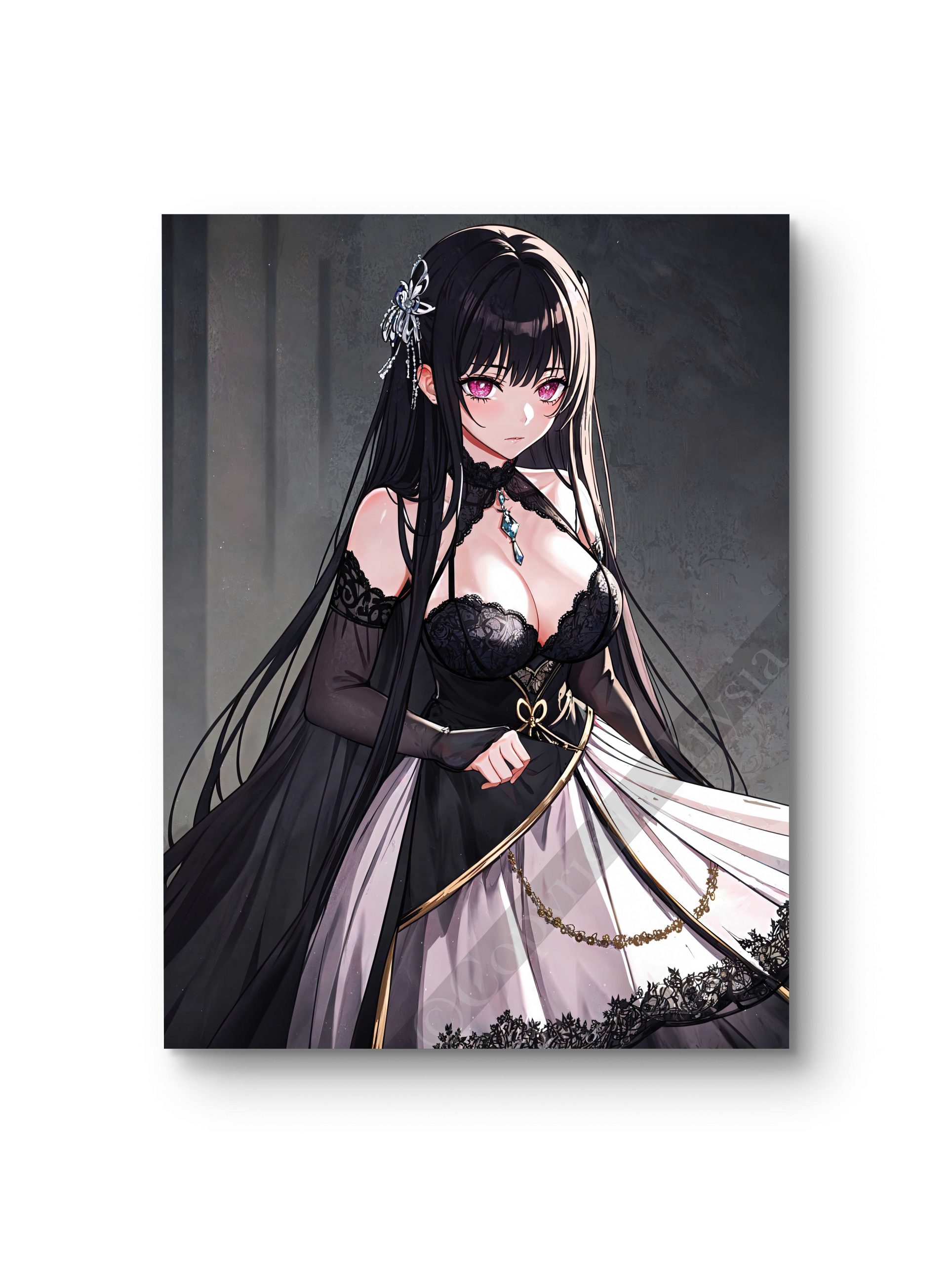 Tableau en style anime illustrant une femme en robe noire et blanche dans une ambiance gothique et raffinée.