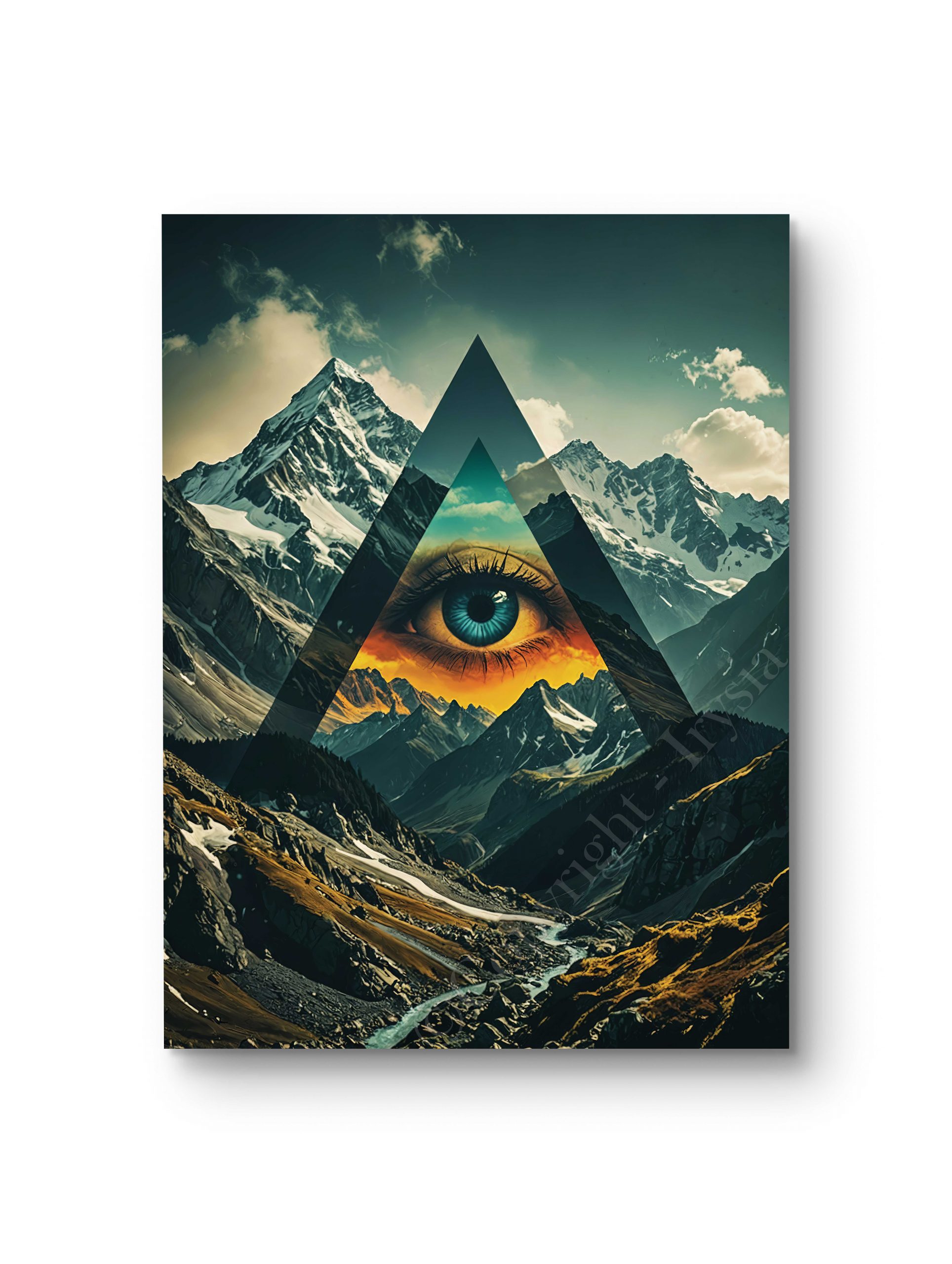 Tableau sur aluminium représentant un paysage montagneux avec un œil perçant encadré par une structure géométrique mystique.