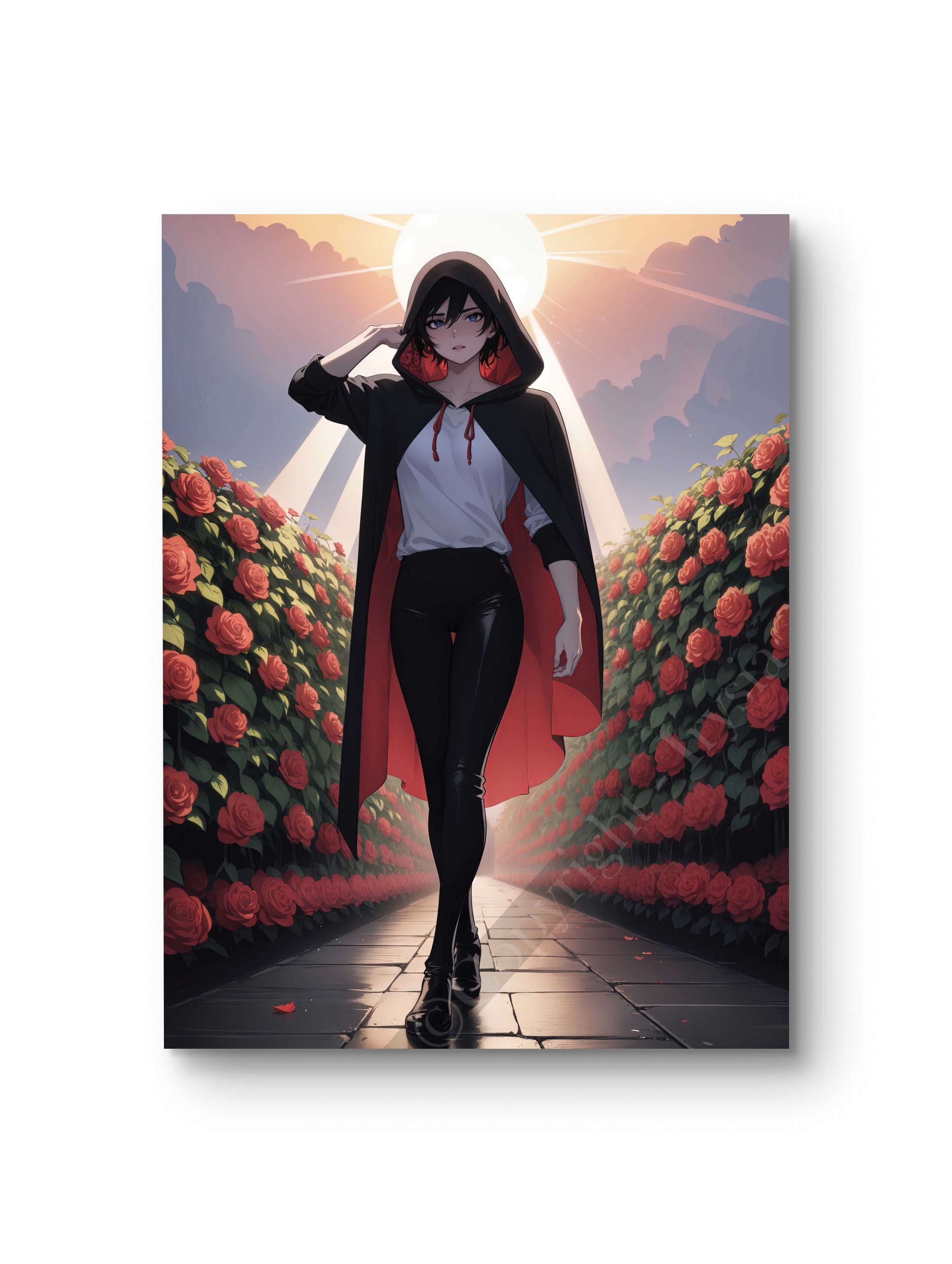 Tableau en style anime représentant une femme en cape rouge avançant dans un jardin de roses.