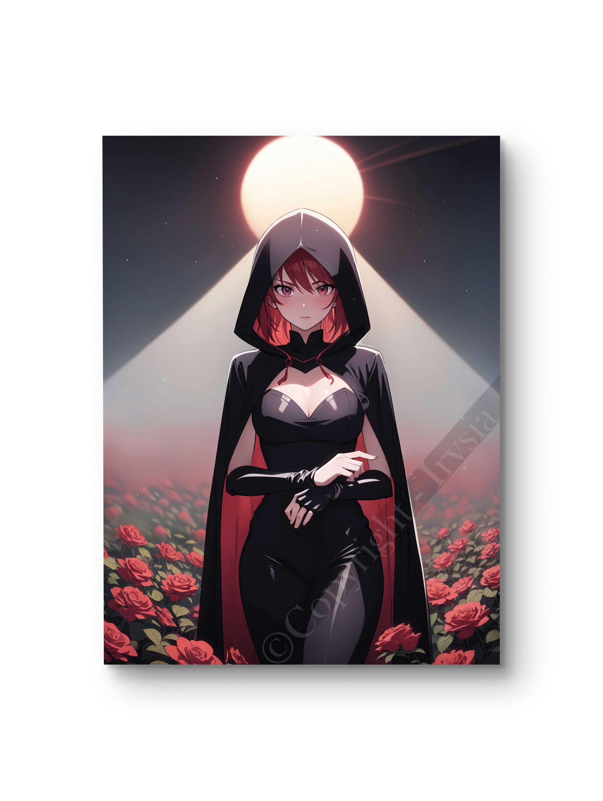 Tableau en style anime illustrant une femme encapuchonnée sous une lumière lunaire dramatique.