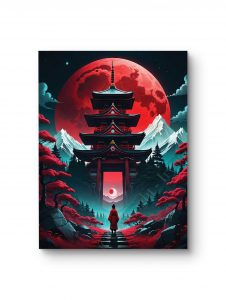 Tableau illustrant une pagode sous une lune rouge imposante, dans une ambiance mystique.