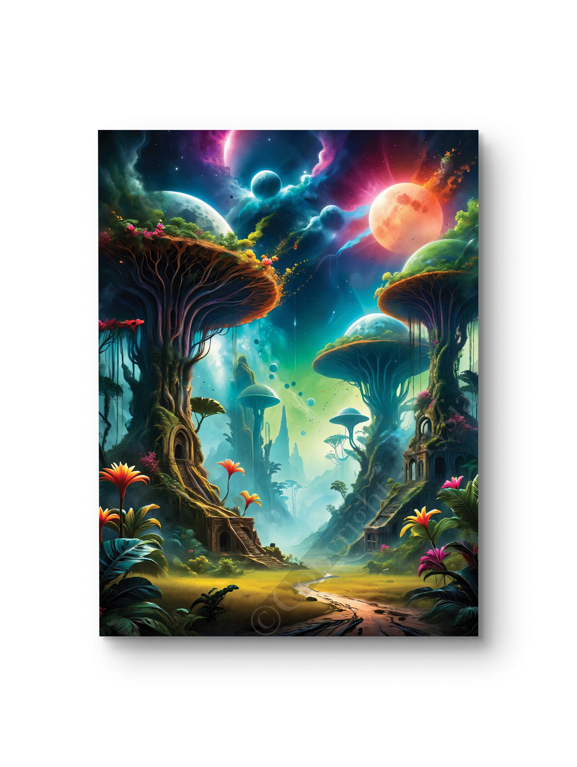 Tableau représentant un paysage fantastique avec des arbres géants et un ciel étoilé.