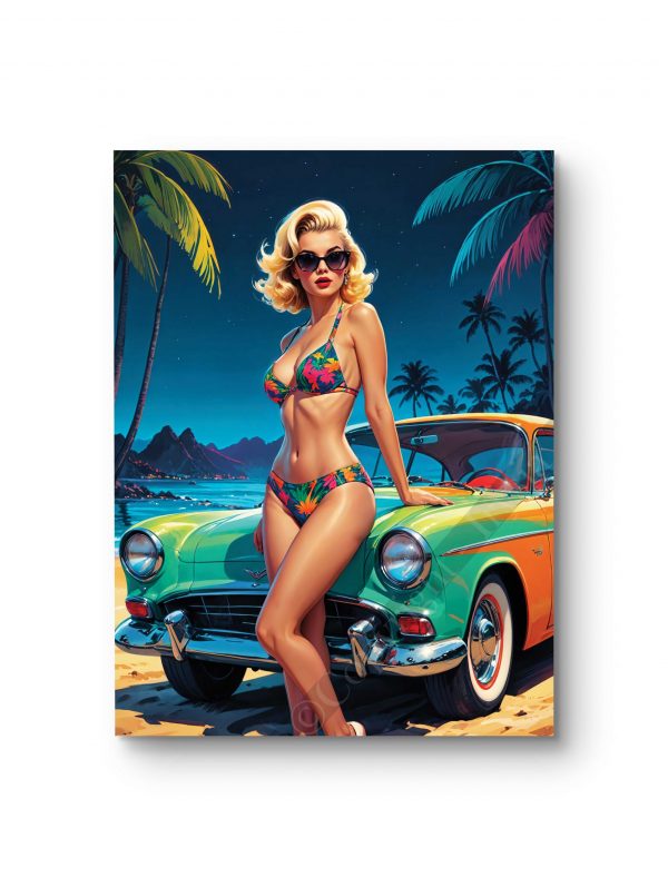 Tableau illustrant une pin-up devant une voiture rétro sous un décor tropical.