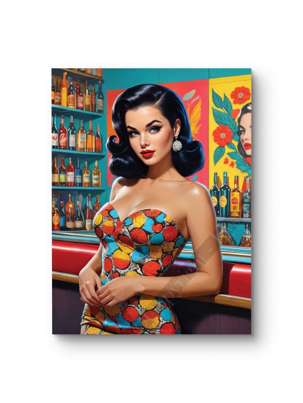 Tableau mettant en scène une pin-up sophistiquée dans un décor de bar rétro.