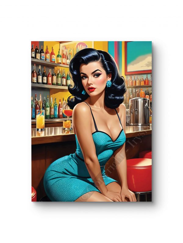 Tableau représentant une pin-up assise dans un bar rétro avec une allure sophistiquée.
