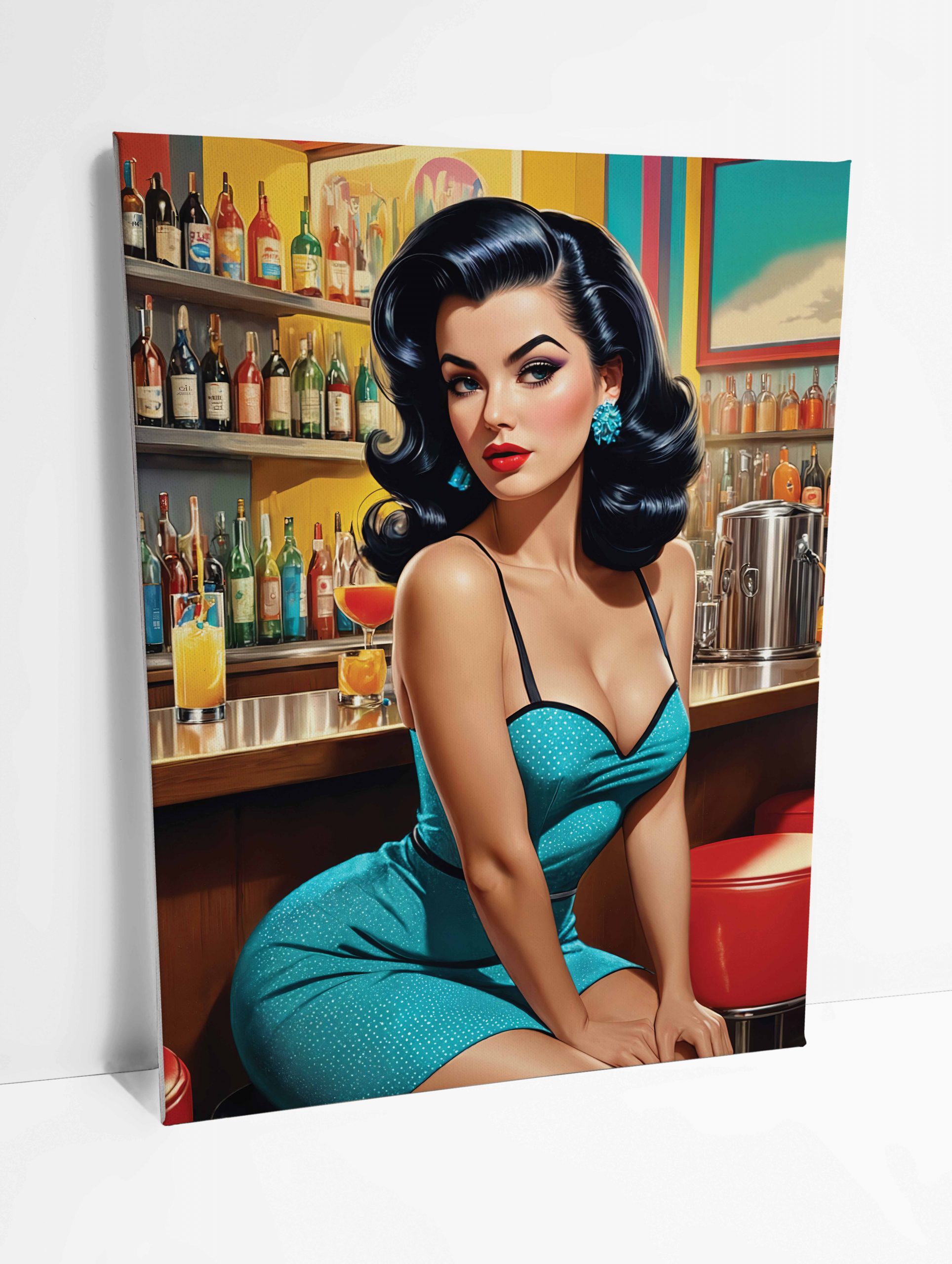 Tableau sur toile représentant une pin-up assise dans un bar rétro avec une allure sophistiquée.