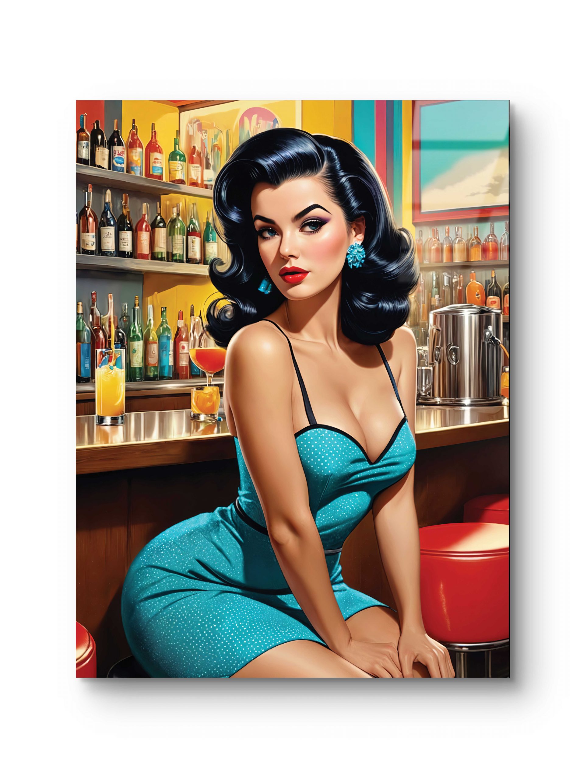 Tableau sur verre représentant une pin-up assise dans un bar rétro avec une allure sophistiquée.