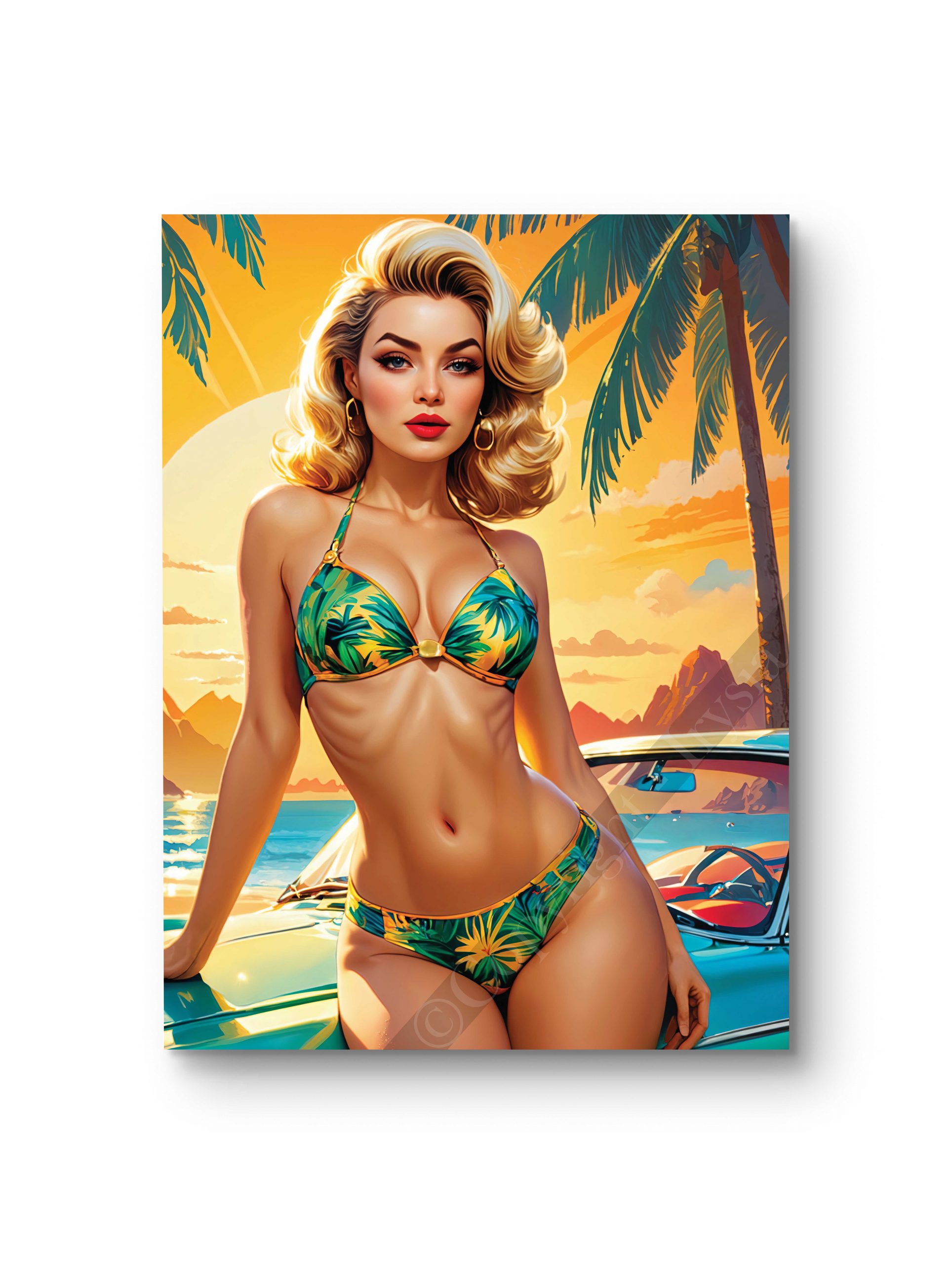 Tableau illustrant une pin-up en bikini à motifs tropicaux devant une voiture classique.