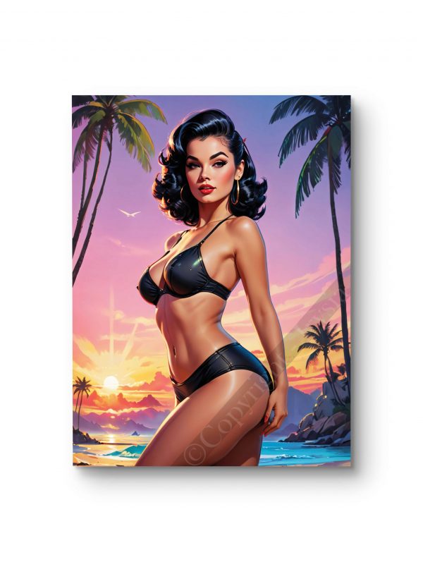 Tableau représentant une pin-up en bikini noir posant devant un coucher de soleil tropical.