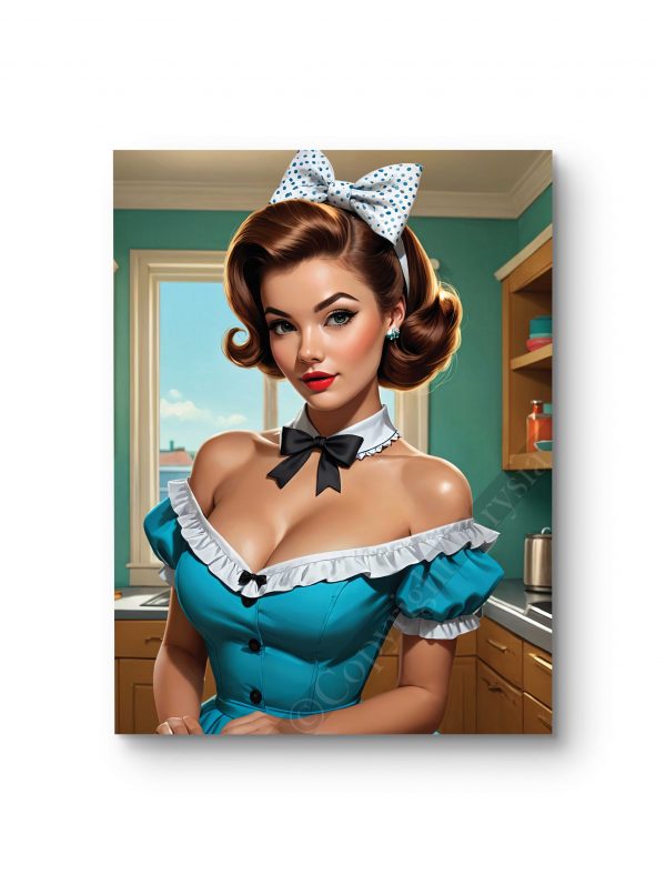 Tableau illustrant une pin-up souriante dans une cuisine rétro.