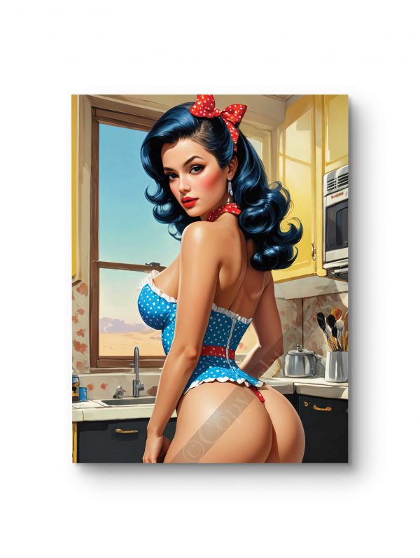Tableau mettant en scène une pin-up espiègle dans une cuisine des années 50.