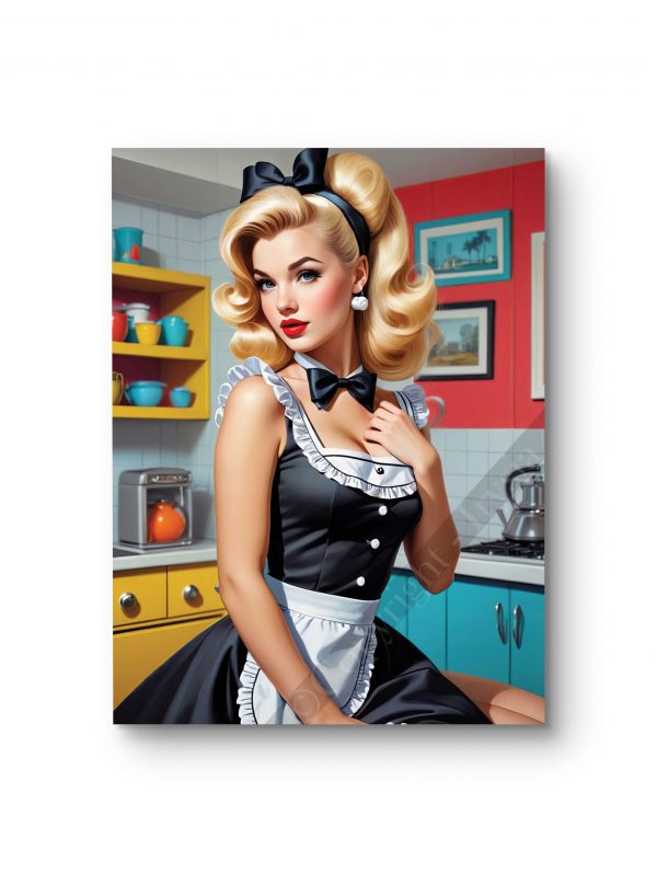 Tableau illustrant une pin-up glamour dans une tenue de domestique rétro.