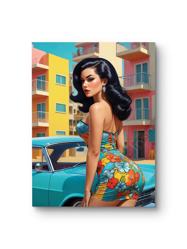 Tableau illustrant une pin-up élégante dans une ambiance estivale et colorée.