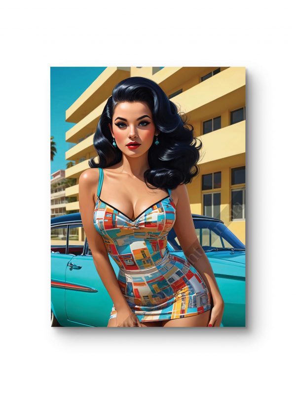 Tableau représentant une pin-up élégante dans un cadre ensoleillé.