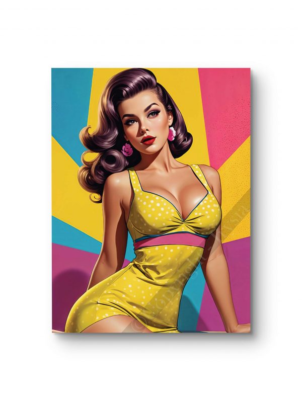 Tableau illustrant une pin-up en robe jaune éclatante dans un décor coloré et vintage.