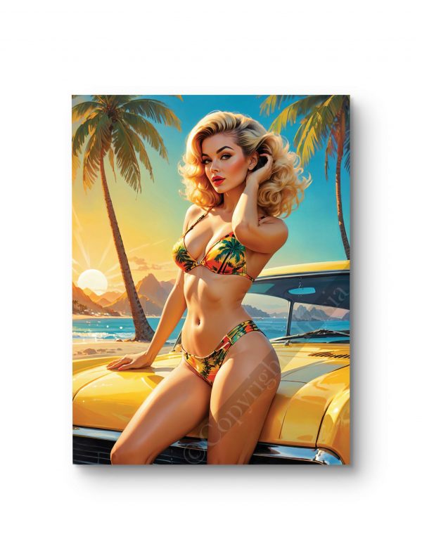 Tableau mettant en scène une pin-up en bikini devant une voiture jaune éclatante.