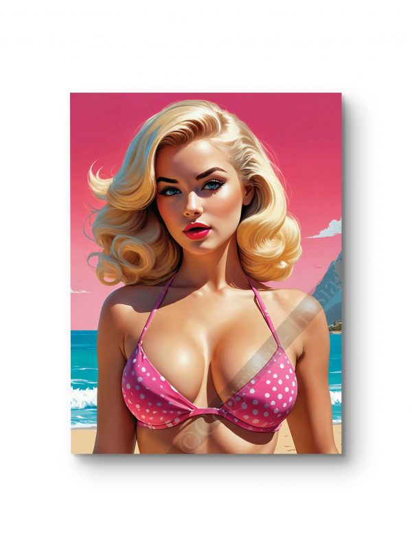 Tableau représentant une pin-up en maillot de bain vintage dans une pose élégante.