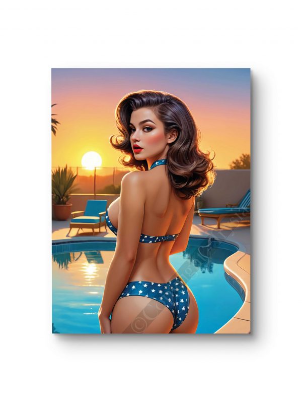 Tableau représentant une pin-up en maillot rétro au bord d’une piscine sous un coucher de soleil.