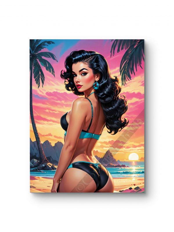 Tableau illustrant une pin-up audacieuse dans une ambiance estivale lumineuse.