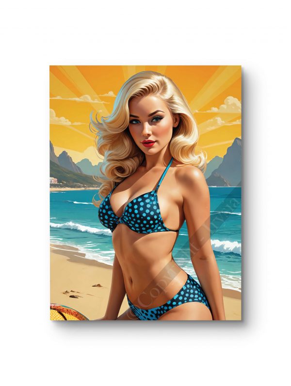 Tableau illustrant une pin-up en bikini rétro devant un paysage balnéaire lumineux.