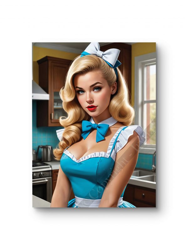 Tableau mettant en scène une pin-up dans une tenue de serveuse inspirée des diners américains.